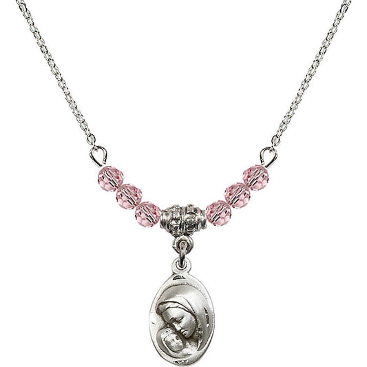 Sterling Silver Madonna & Child Birthstone Necklace with Light Rose Beads - 5447