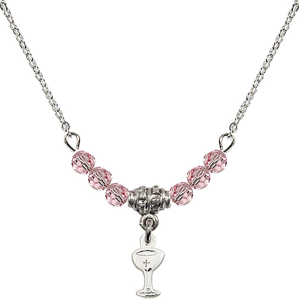 Sterling Silver Chalice Birthstone Necklace with Light Rose Beads - 5614