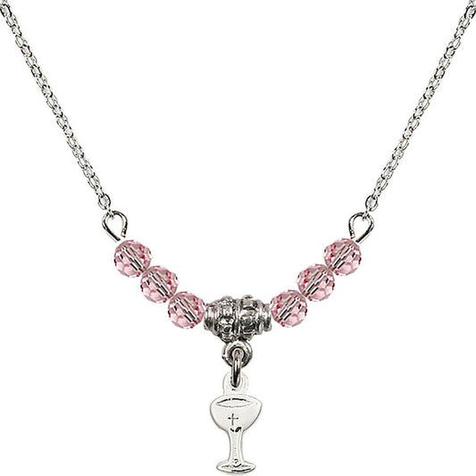 Sterling Silver Chalice Birthstone Necklace with Light Rose Beads - 5614