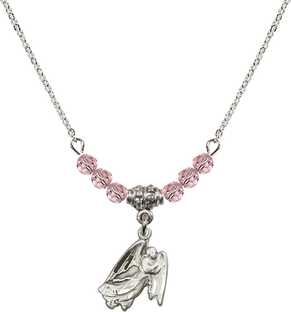 Sterling Silver Guardian Angel Birthstone Necklace with Light Rose Beads - 5642