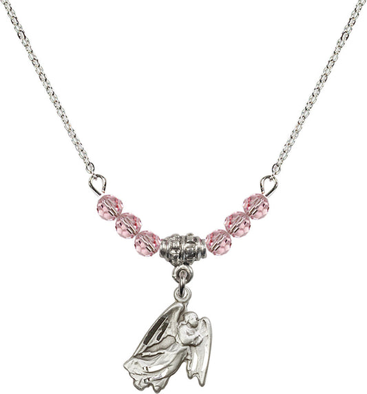 Sterling Silver Guardian Angel Birthstone Necklace with Light Rose Beads - 5642