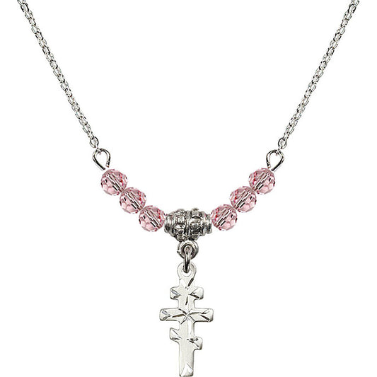 Sterling Silver Greek Orthadox Cross Birthstone Necklace with Light Rose Beads - 5654