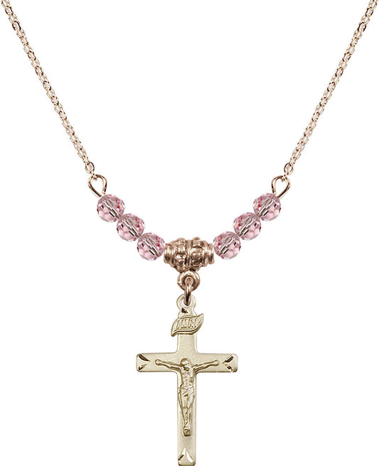 14kt Gold Filled Crucifix Birthstone Necklace with Light Rose Beads - 5668