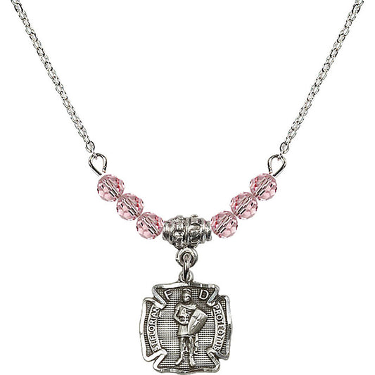 Sterling Silver Saint Florian Birthstone Necklace with Light Rose Beads - 5686