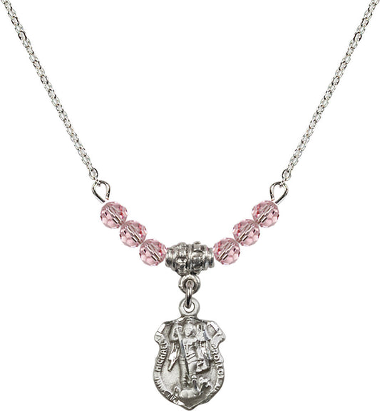 Sterling Silver Saint Michael the Archangel Birthstone Necklace with Light Rose Beads - 5699