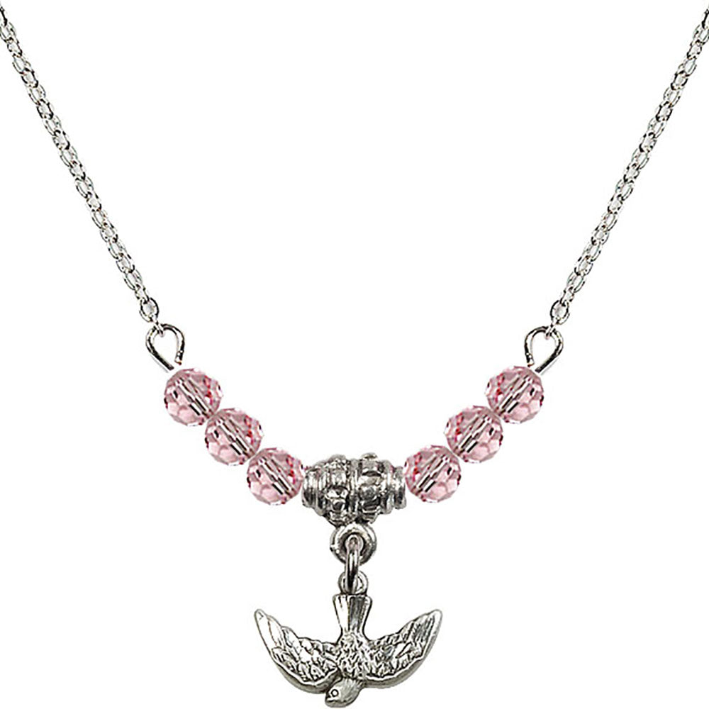 Sterling Silver Holy Spirit Birthstone Necklace with Light Rose Beads - 5911