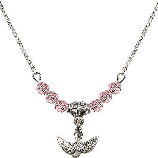 Sterling Silver Holy Spirit Birthstone Necklace with Light Rose Beads - 5911