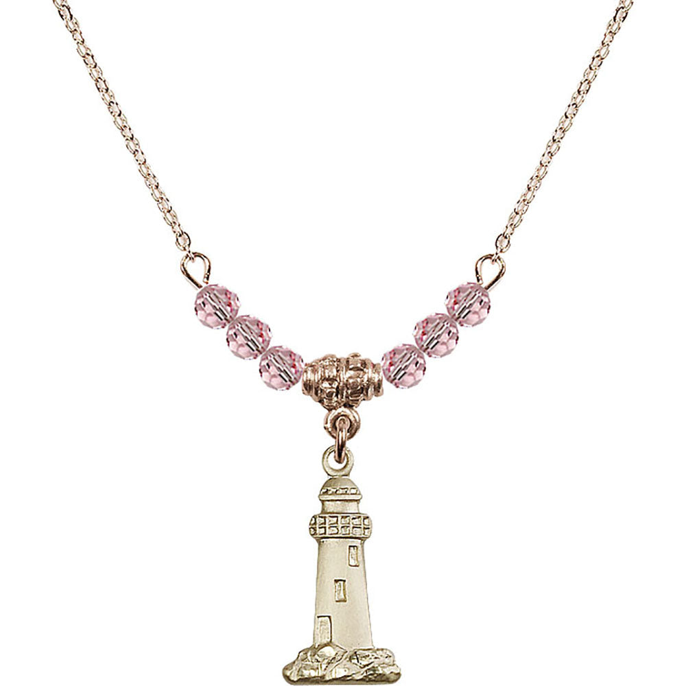 14kt Gold Filled Lighthouse Birthstone Necklace with Light Rose Beads - 5922