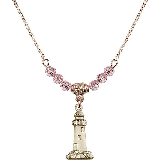 14kt Gold Filled Lighthouse Birthstone Necklace with Light Rose Beads - 5922