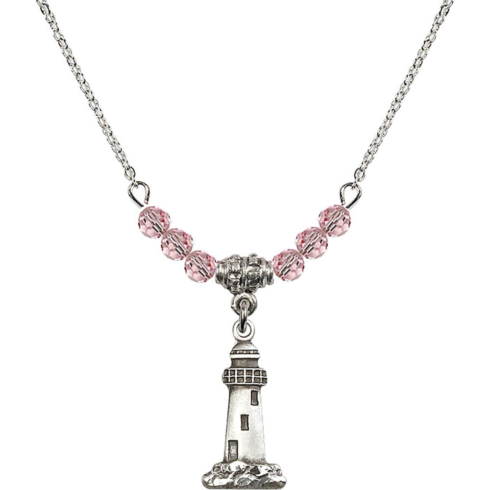 Sterling Silver Lighthouse Birthstone Necklace with Light Rose Beads - 5922