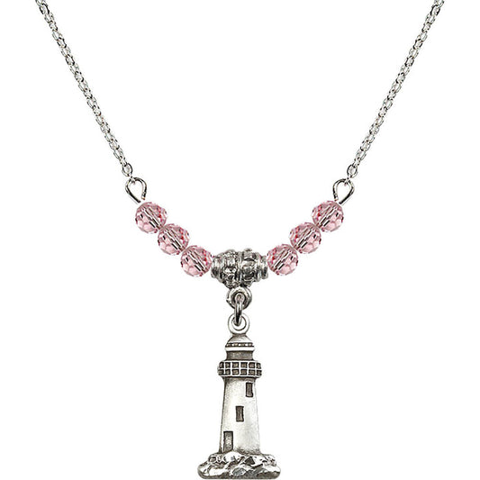 Sterling Silver Lighthouse Birthstone Necklace with Light Rose Beads - 5922