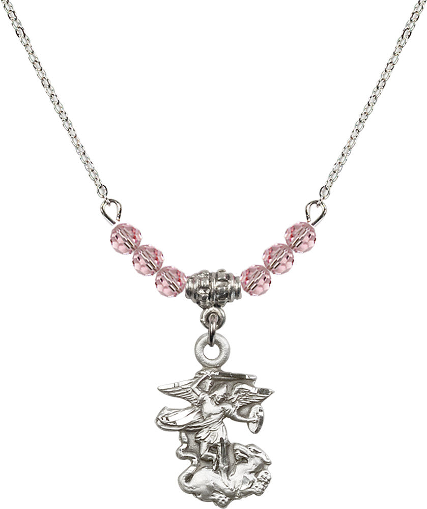 Sterling Silver Saint Michael the Archangel Birthstone Necklace with Light Rose Beads - 5940
