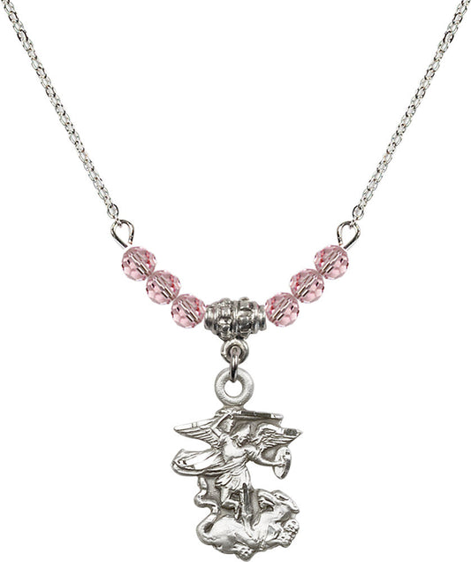 Sterling Silver Saint Michael the Archangel Birthstone Necklace with Light Rose Beads - 5940