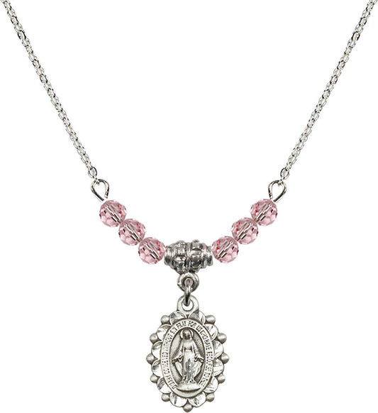Sterling Silver Miraculous Birthstone Necklace with Light Rose Beads - 6040