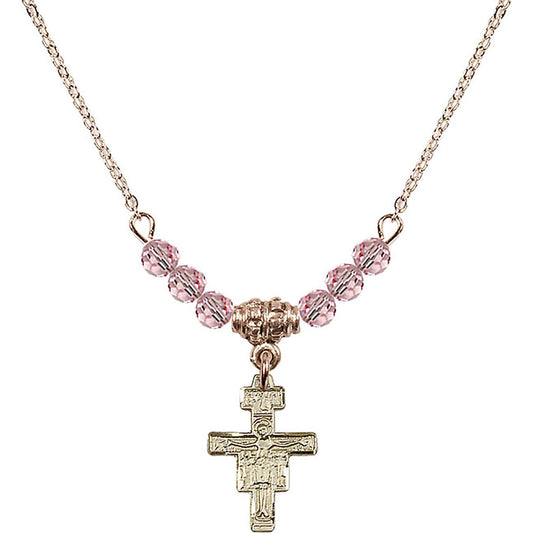 14kt Gold Filled San Damiano Crucifix Birthstone Necklace with Light Rose Beads - 6078