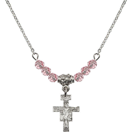 Sterling Silver San Damiano Crucifix Birthstone Necklace with Light Rose Beads - 6078