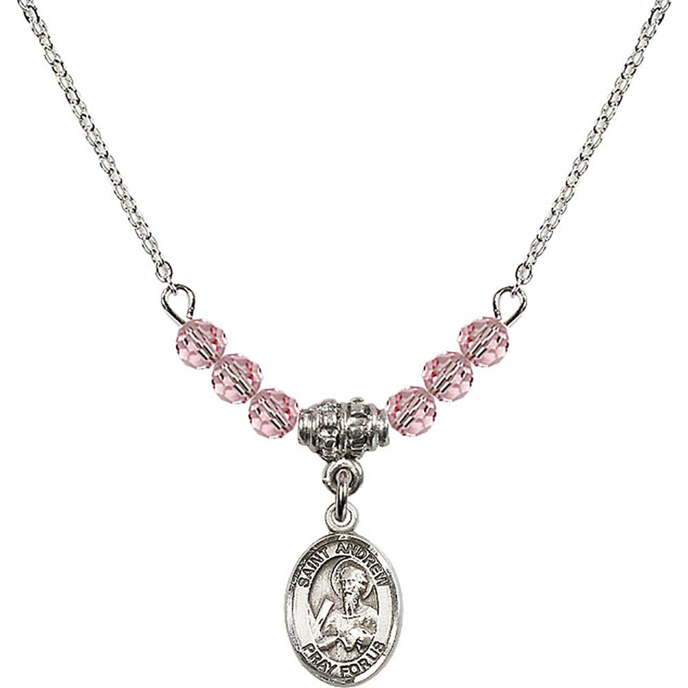 Sterling Silver Saint Andrew the Apostle Birthstone Necklace with Light Rose Beads - 9000