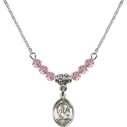 Sterling Silver Saint Andrew the Apostle Birthstone Necklace with Light Rose Beads - 9000
