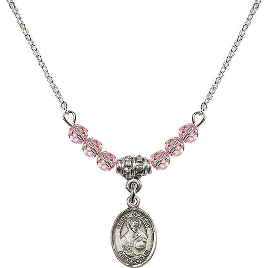 Sterling Silver Saint Albert the Great Birthstone Necklace with Light Rose Beads - 9001