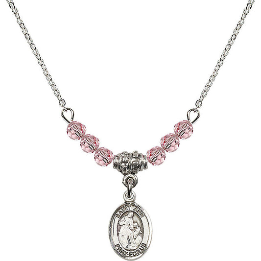 Sterling Silver Saint Ann Birthstone Necklace with Light Rose Beads - 9002