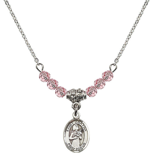 Sterling Silver Saint Agatha Birthstone Necklace with Light Rose Beads - 9003
