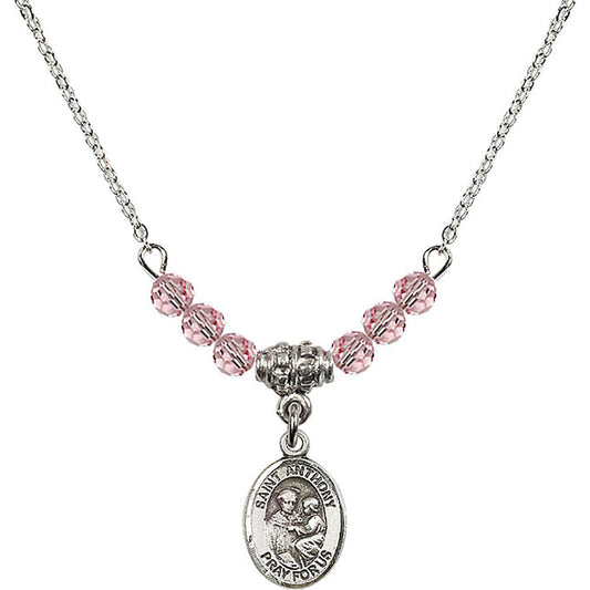 Sterling Silver Saint Anthony of Padua Birthstone Necklace with Light Rose Beads - 9004