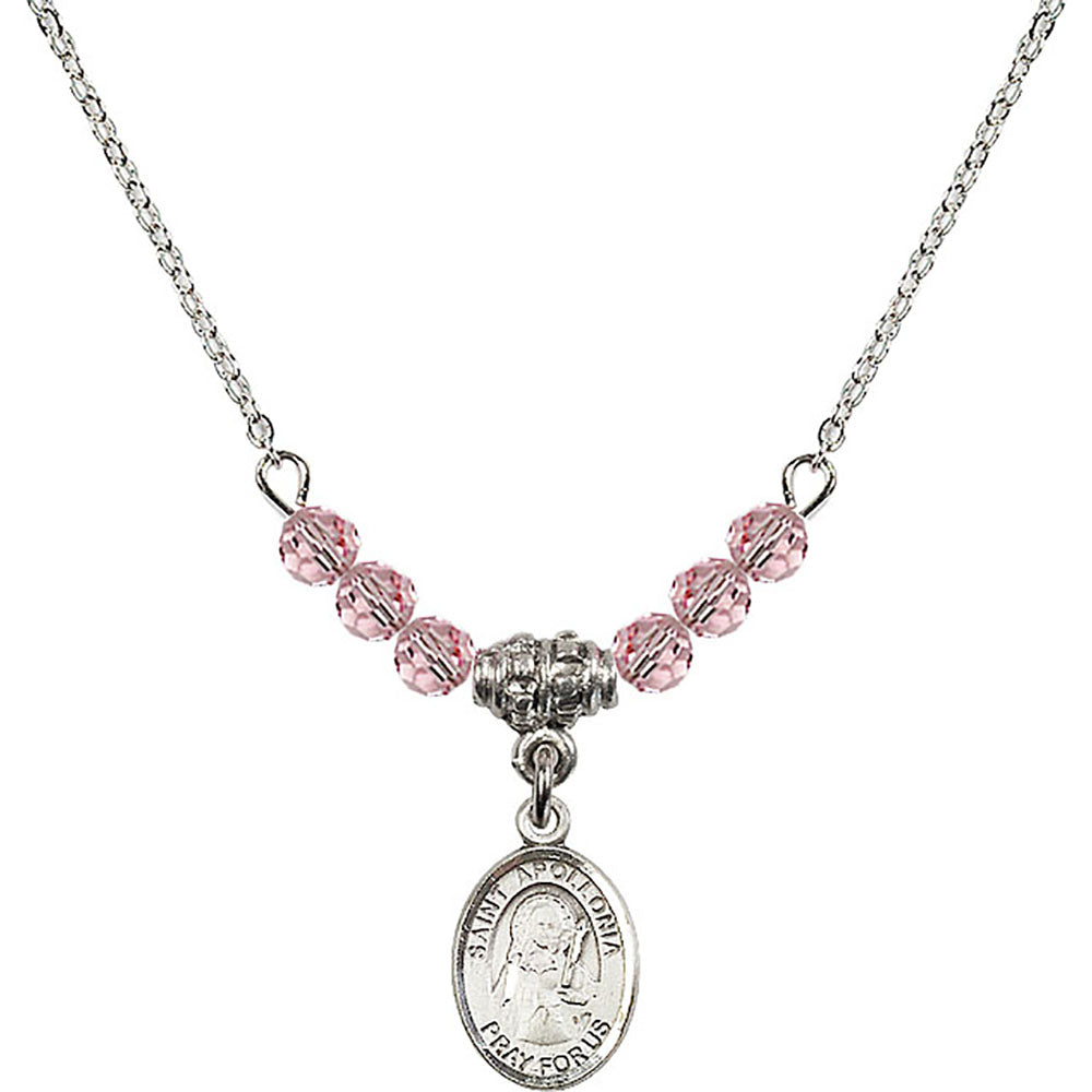 Sterling Silver Saint Apollonia Birthstone Necklace with Light Rose Beads - 9005