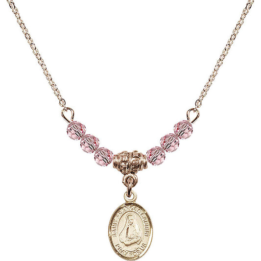 14kt Gold Filled Saint Frances Cabrini Birthstone Necklace with Light Rose Beads - 9011