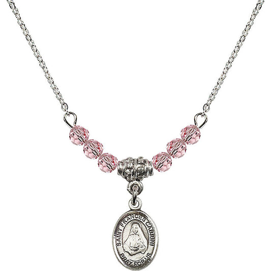 Sterling Silver Saint Frances Cabrini Birthstone Necklace with Light Rose Beads - 9011