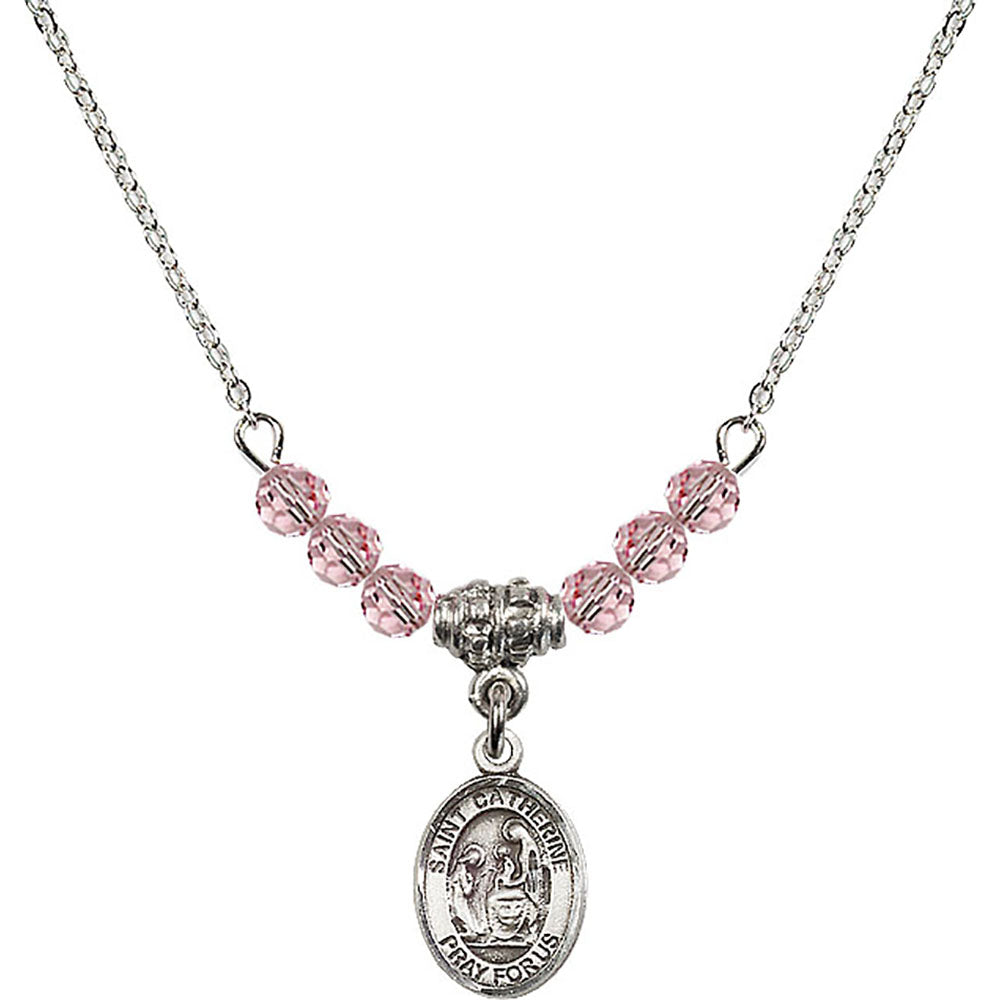 Sterling Silver Saint Catherine of Siena Birthstone Necklace with Light Rose Beads - 9014