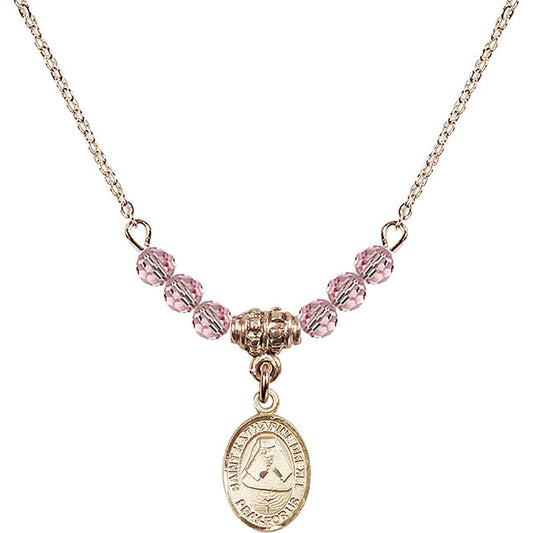 14kt Gold Filled Saint Katharine Drexel Birthstone Necklace with Light Rose Beads - 9015