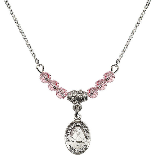 Sterling Silver Saint Katharine Drexel Birthstone Necklace with Light Rose Beads - 9015