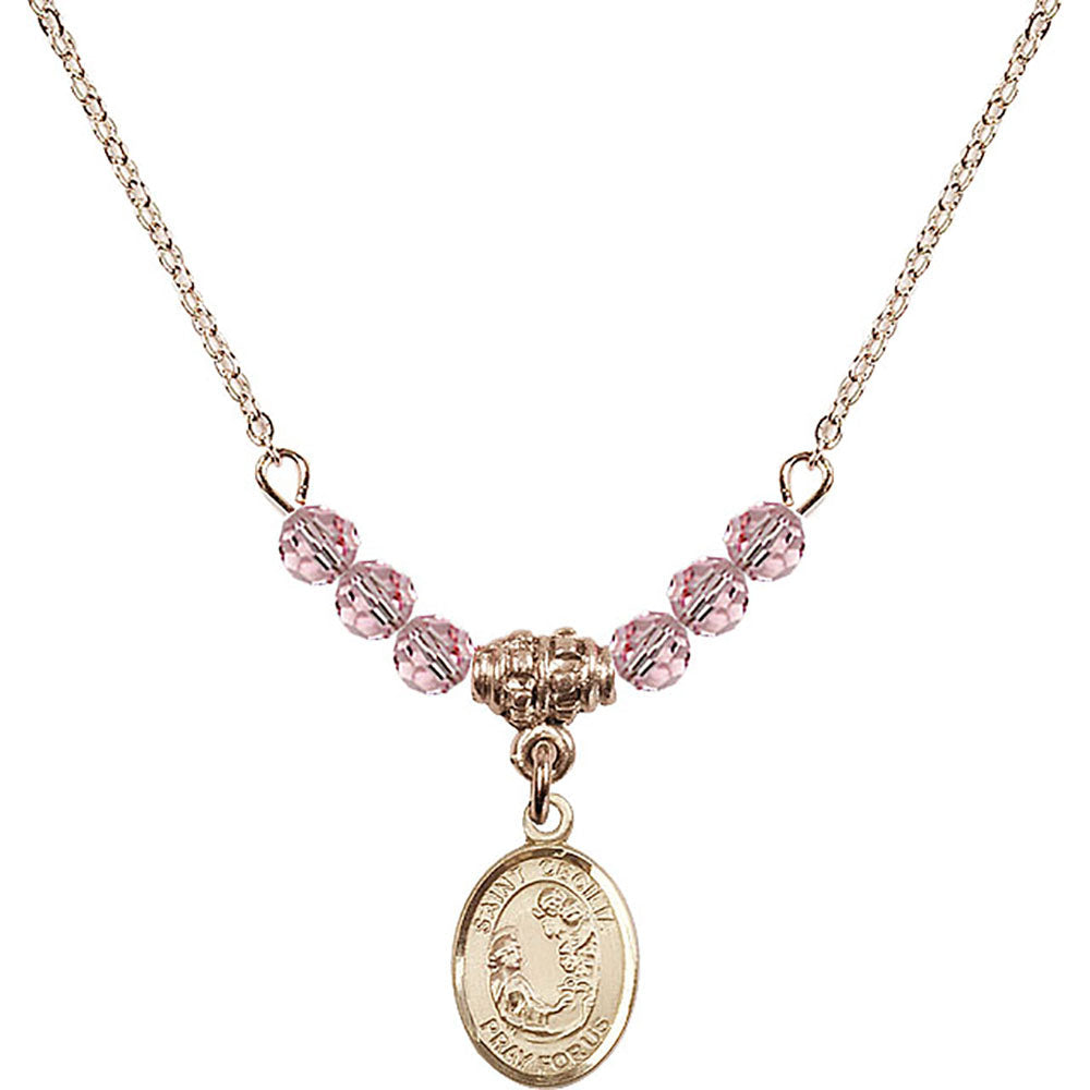 14kt Gold Filled Saint Cecilia Birthstone Necklace with Light Rose Beads - 9016