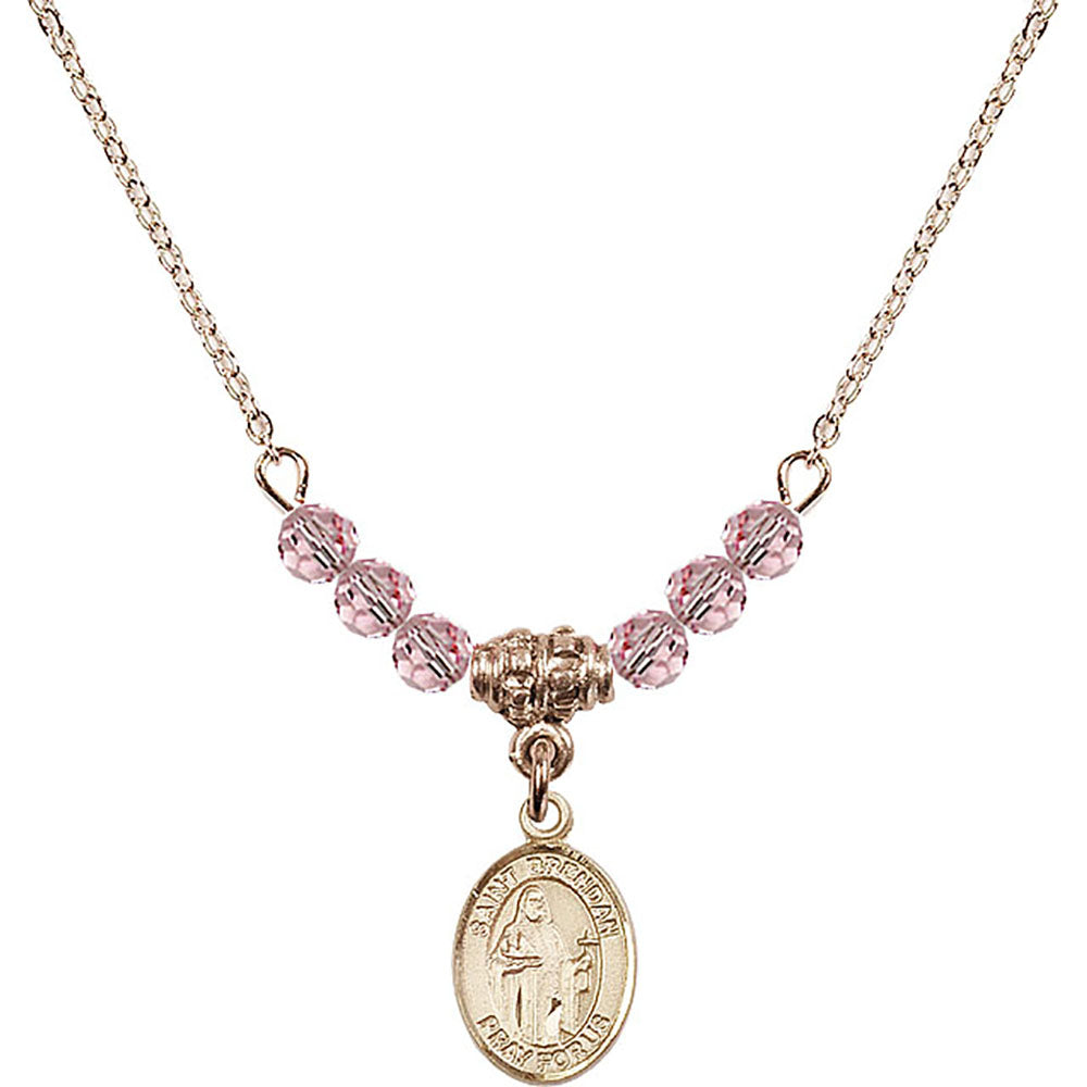14kt Gold Filled Saint Brendan the Navigator Birthstone Necklace with Light Rose Beads - 9018