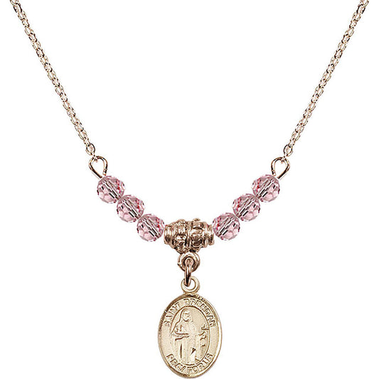 14kt Gold Filled Saint Brendan the Navigator Birthstone Necklace with Light Rose Beads - 9018