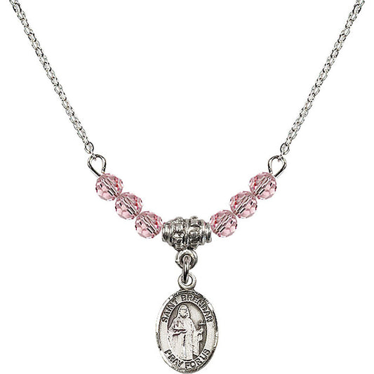 Sterling Silver Saint Brendan the Navigator Birthstone Necklace with Light Rose Beads - 9018