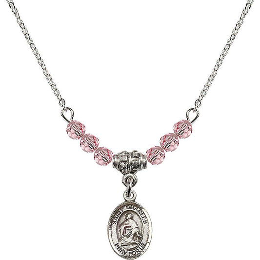 Sterling Silver Saint Charles Borromeo Birthstone Necklace with Light Rose Beads - 9020