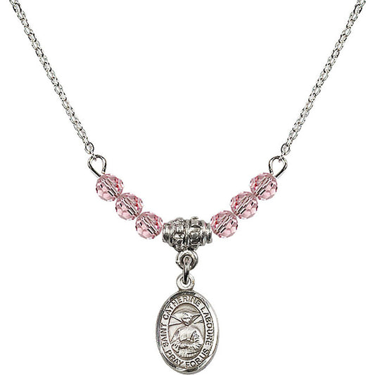 Sterling Silver Saint Catherine Laboure Birthstone Necklace with Light Rose Beads - 9021