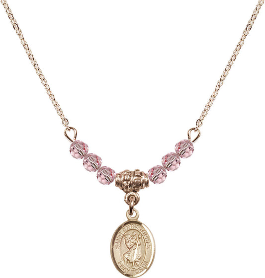 14kt Gold Filled Saint Christopher Birthstone Necklace with Light Rose Beads - 9022