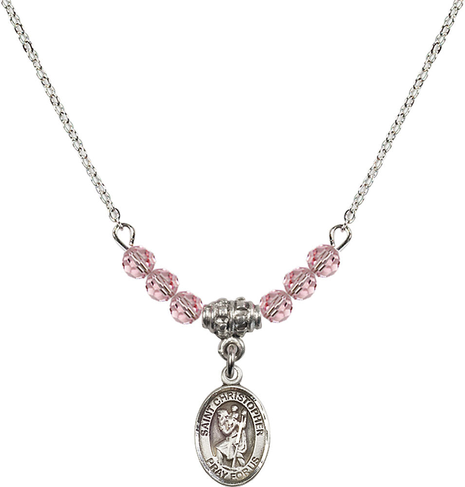 Sterling Silver Saint Christopher Birthstone Necklace with Light Rose Beads - 9022