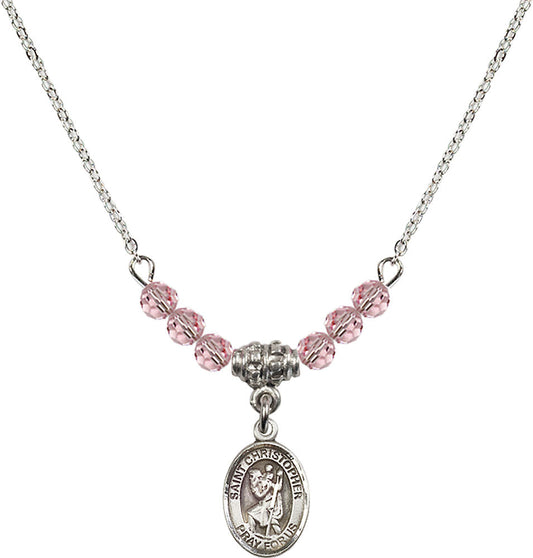 Sterling Silver Saint Christopher Birthstone Necklace with Light Rose Beads - 9022