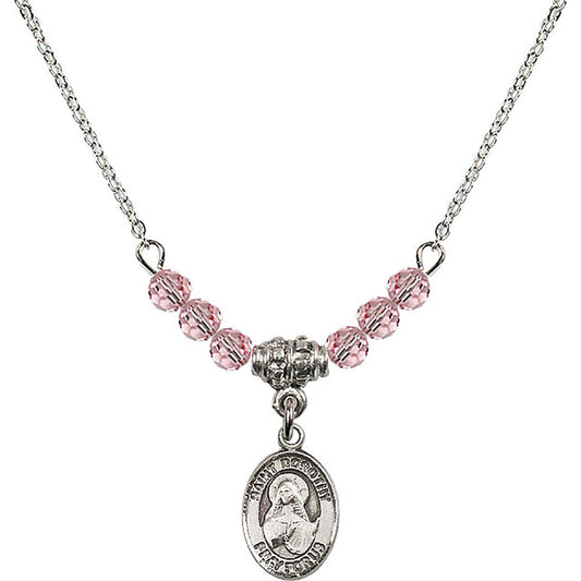 Sterling Silver Saint Dorothy Birthstone Necklace with Light Rose Beads - 9023