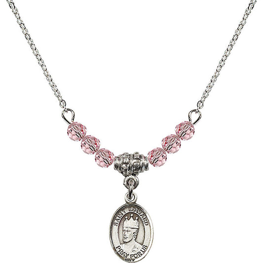 Sterling Silver Saint Edward the Confessor Birthstone Necklace with Light Rose Beads - 9026