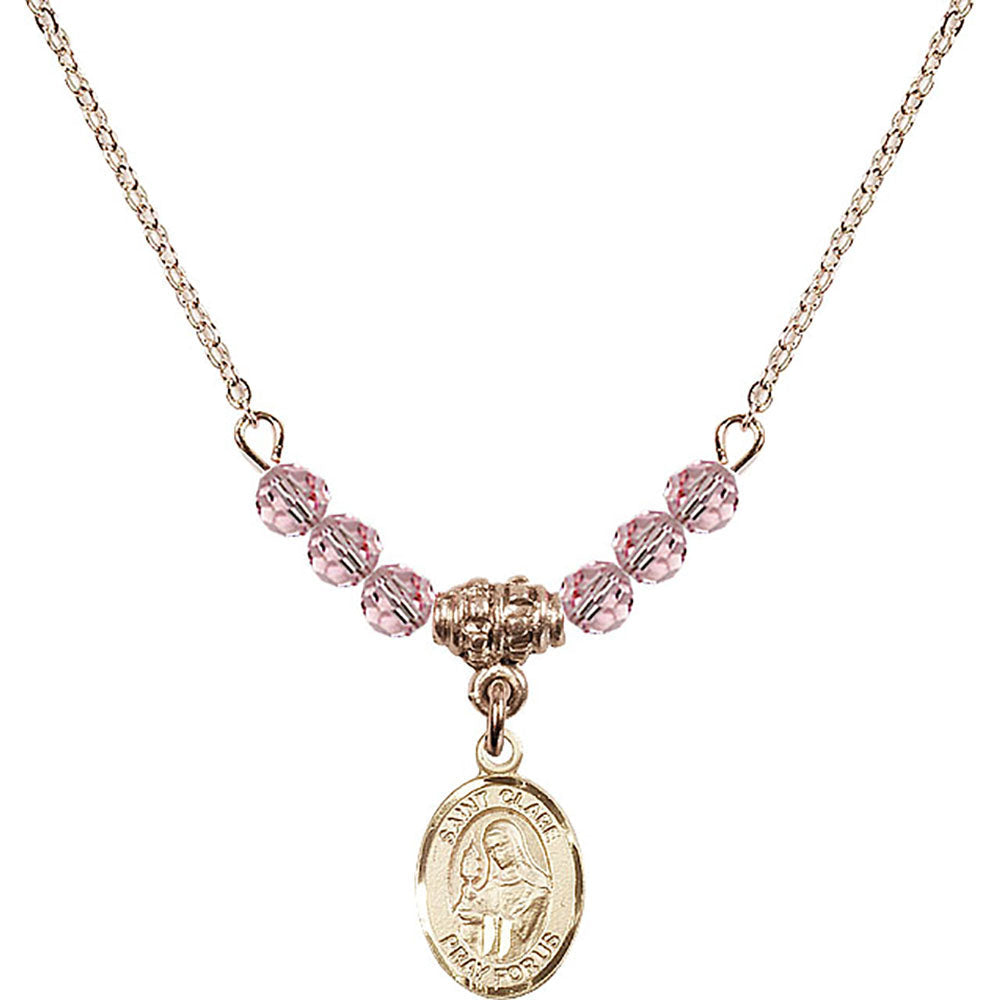 14kt Gold Filled Saint Clare of Assisi Birthstone Necklace with Light Rose Beads - 9028