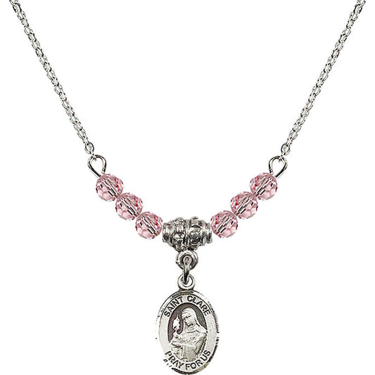 Sterling Silver Saint Clare of Assisi Birthstone Necklace with Light Rose Beads - 9028