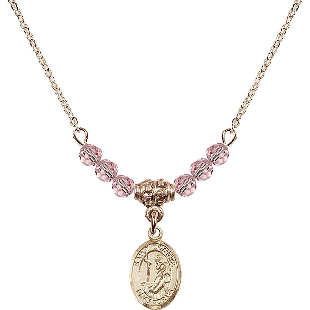 14kt Gold Filled Saint Dominic de Guzman Birthstone Necklace with Light Rose Beads - 9030