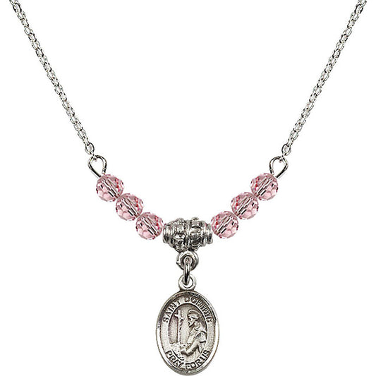 Sterling Silver Saint Dominic de Guzman Birthstone Necklace with Light Rose Beads - 9030
