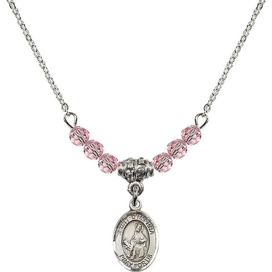 Sterling Silver Saint Dymphna Birthstone Necklace with Light Rose Beads - 9032