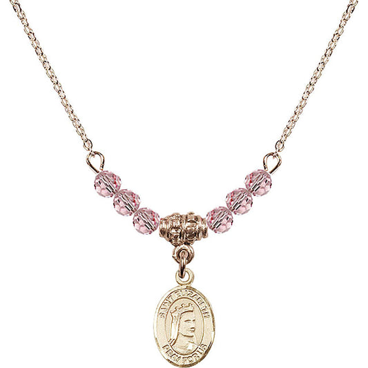 14kt Gold Filled Saint Elizabeth of Hungary Birthstone Necklace with Light Rose Beads - 9033