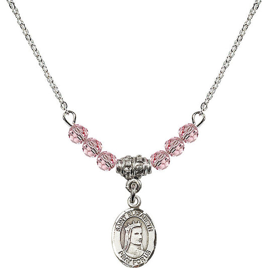 Sterling Silver Saint Elizabeth of Hungary Birthstone Necklace with Light Rose Beads - 9033